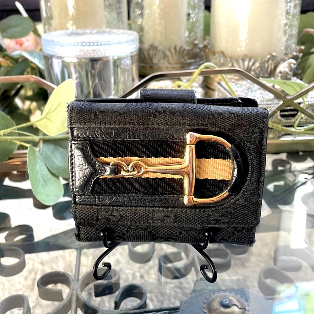 Gucci Sherry Line black horsebit bifold wallet black monogram snap pouch vintage